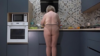 Curvy Wife In Nylon Pantyhose Offers Breakfast Options Including Herself And Food